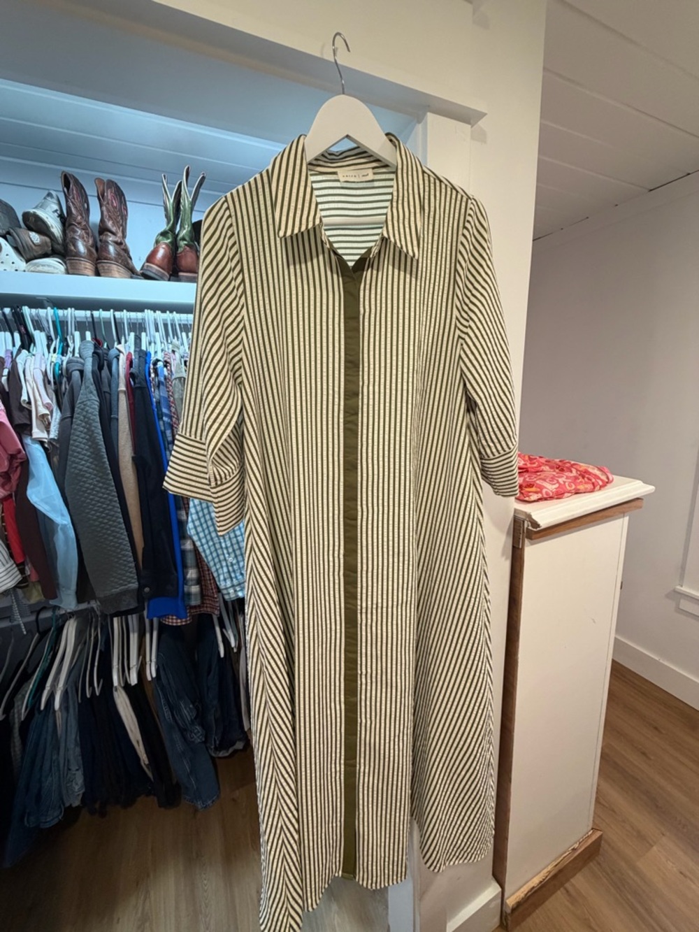 Entro small Striped Longline Shirt Dress - Olive & Cream